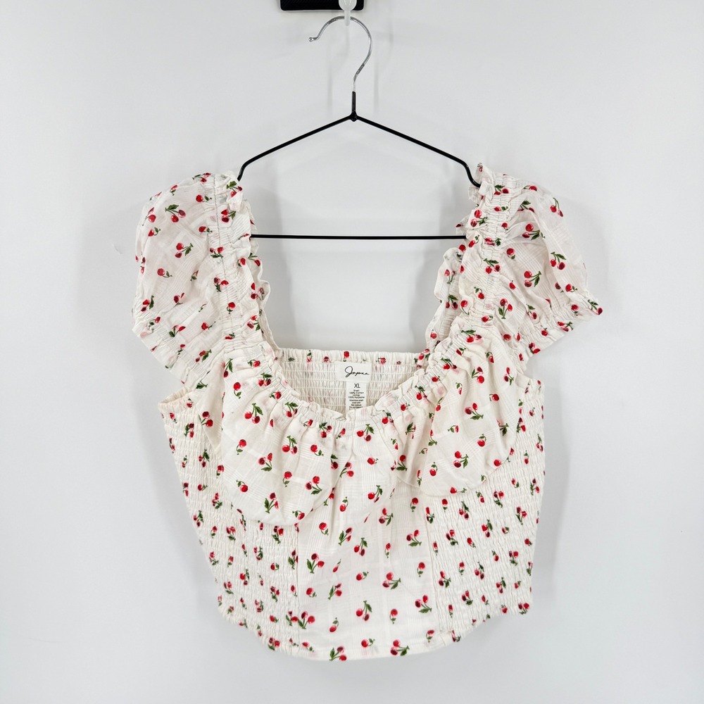 Japna Cherry Print Smocked Crop Top White‎ XL Cottagecore Coquette Fruit Picnic